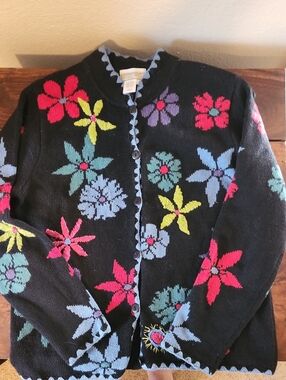 Y2K 90s Coldwater Creek Navy Ramie Cotton Botanical Sweater Sz S Embroidery
